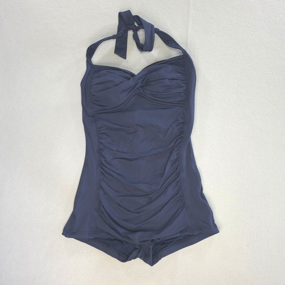 Seafolly Retro Pinup Boyleg One Piece Swimsuit 14 US 10 Ruched Halter Navy Blue